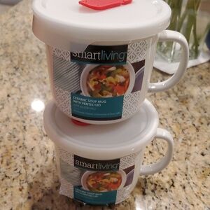 New Smart Living Set of 2 Ceramic Soup Mug Bowls with Vented Lid 20oz